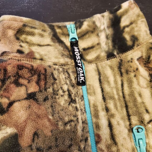 Mossy Oak Jacket Women Sz L Full Zip Camo Fleece Thumb Holes Teal Blue Trim Hunt - Picture 5 of 7